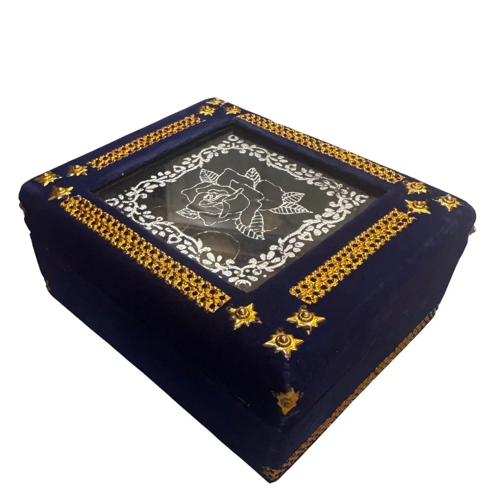 Vintage Blue Velvet Box Persian Design Glass Lid Ornate Trim Display Compartment